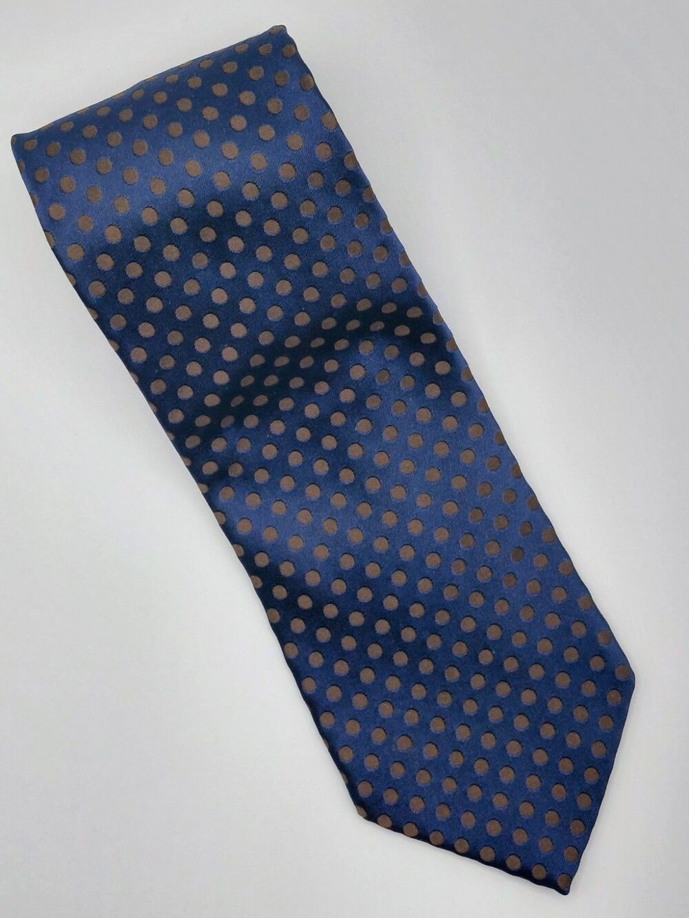 Ermenegildo Zegna Men's 100% Silk Navy Necktie ITALY Luxury Brown Polka Dots EUC